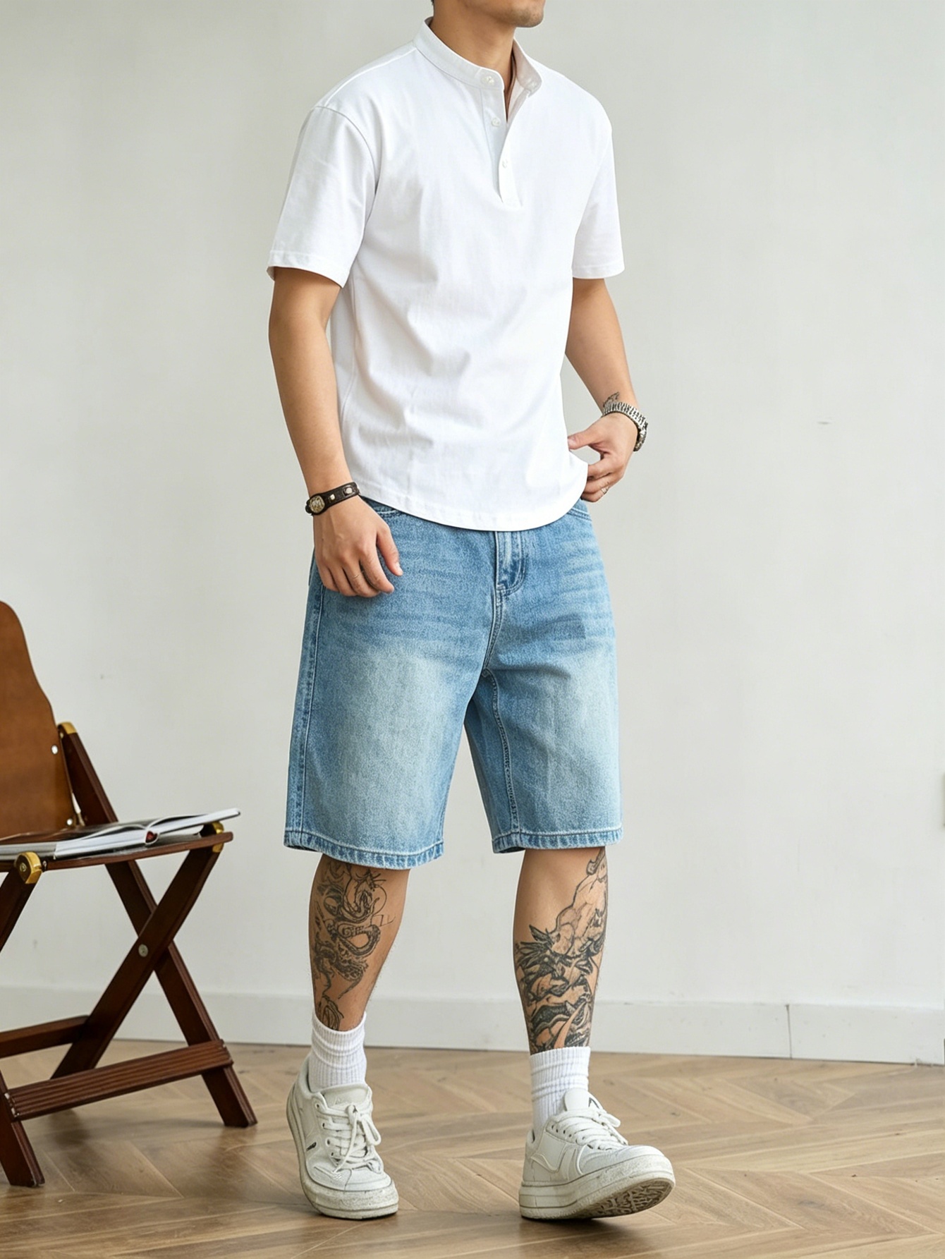 루즈핏 블루 논스트레치 데님 반바지 남성 캐주얼 패션  - Korean Men Lifestyle 리뷰 및 가격